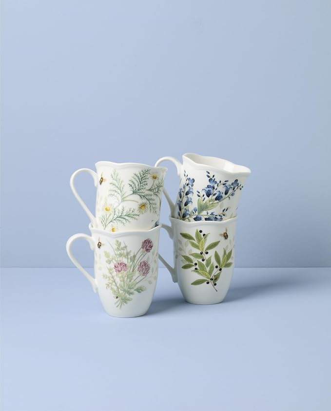 Lenox Butterfly Meadow Herbs Porcelain Mug Set for 4, 12oz | Dishwasher safe, microwave safe | floral design | coffee mug gift for coffee lovers | 4.25 inch, 12oz