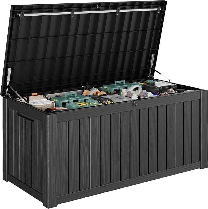 Outdoor Storage Box, 155 Gallon Large Outdoor Resin Deck Box, Storage Waterproof Boxes Lockable Lid for Garden Tools, Pool Supplies, Patio Furniture and Cushions, Black