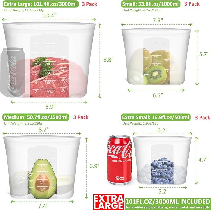 Reusable Storage Bag, 12 Pack 100% Silicone Food Storage Bags Stand Up Zip Lock Bags for Food, Freezer Microwave Oven Dishwasher Safe, 3 Extra Large(0.8 Gallon) 3 Medium 3 Small 3 X-Small, Translucent