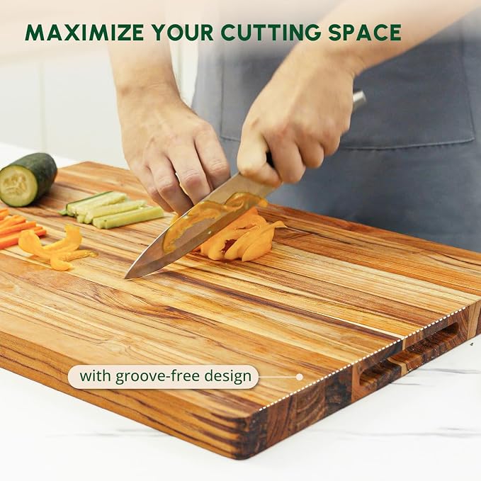Teak Wood Cutting Board with Hand Grip (20x15x1.25", M) | Wooden cutting boards for kitchen, wood chopping board, butcher block, charcuterie board for serving. Gift box included