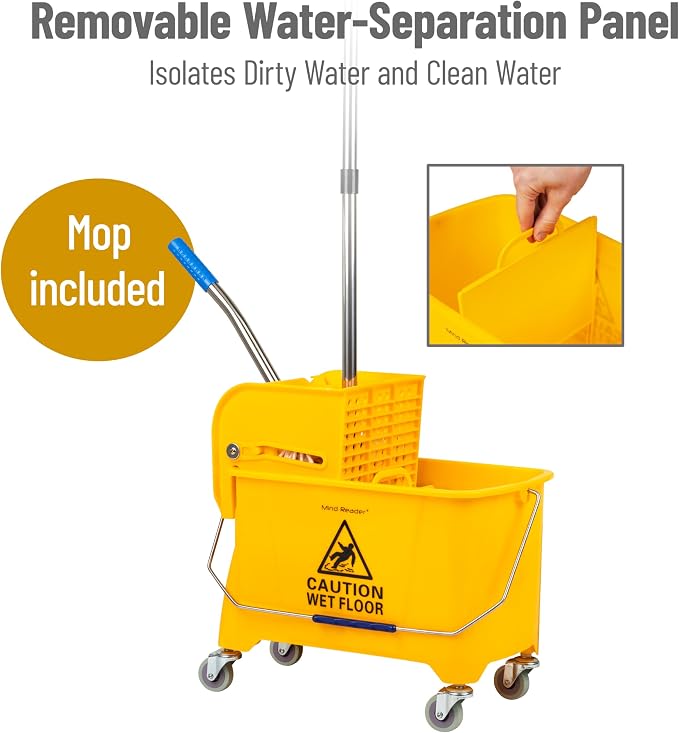 Mind Reader Mop and Bucket Set with Wringer, Mop Included, 5.5 Gallon Cleaning System with Wheels, Upward Press Wringer, Small Mop Compatible