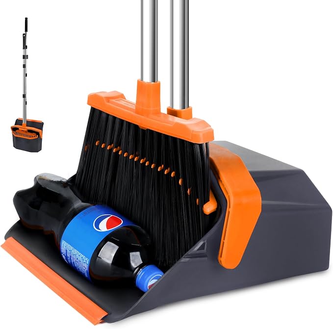 Tiumso Broom and Dustpan Set with 51'' Long Handle, Upright Broom and Dustpan Combo for Home Kitchen Office Restaurant Garage Lobby Dog Cat Pets Hair - Grey and Orange