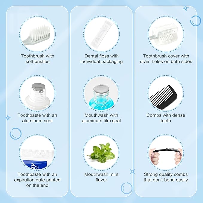 Travel Toothbrush Kit Bulk, Hygiene Kit Bulk with Toothbrush Toothpaste Set, Floss Picks, Comb, Travel Mouthwash, Toothbrush Cover, Individually Packaged, for Travel, Hotels (30-Pack)
