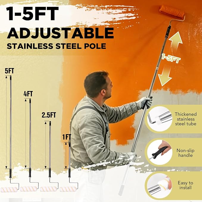SOUTHGATE 33PCS Paint Roller Kit with 4-Section Pole(1-5 FT) – Heavy Duty Handles, 4" 9" Paint Rollers, Drop Cloth & Brushes Set – House Painting Tools for Home Renovation by DIYers & Pros