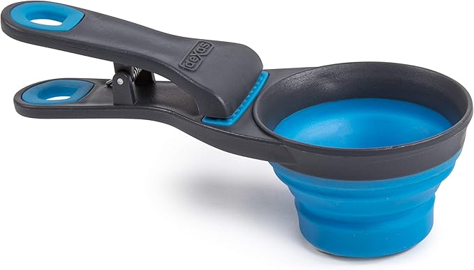 Dexas Popware for Pets Collapsible Klip Scoop, 3-in-1 Pet Food Scoop, Measuring Cup and Bag Clip, 1/2 Cup Capacity, Pro Blue