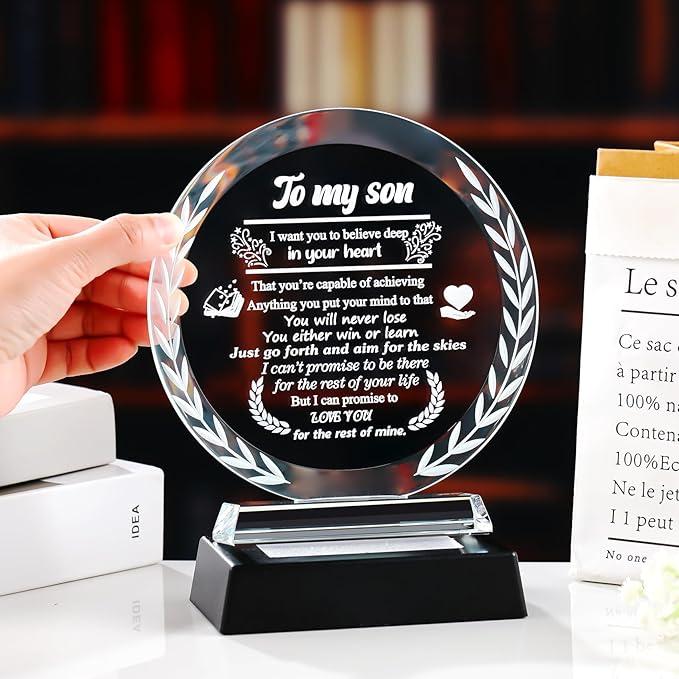 Arikyrist Fathers Day Son Gifts from Mom Dad Crystal Plaque to My Son with LED Light Base Unique Birthday Graduation Gifts for Son Adult