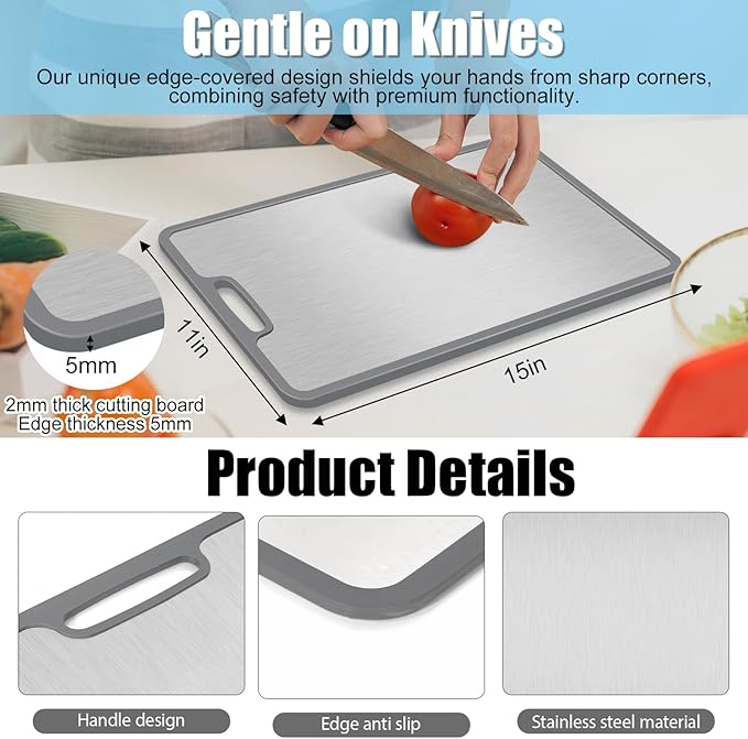 Titanium Cutting Boards for Kitchen,Non-Slip Titanium Cutting Board with Protective Edge Guard & Safe Grip Handle,Double Sided Food Grade,Easy to Clean, Safer, Healthier Choice 15”×11”