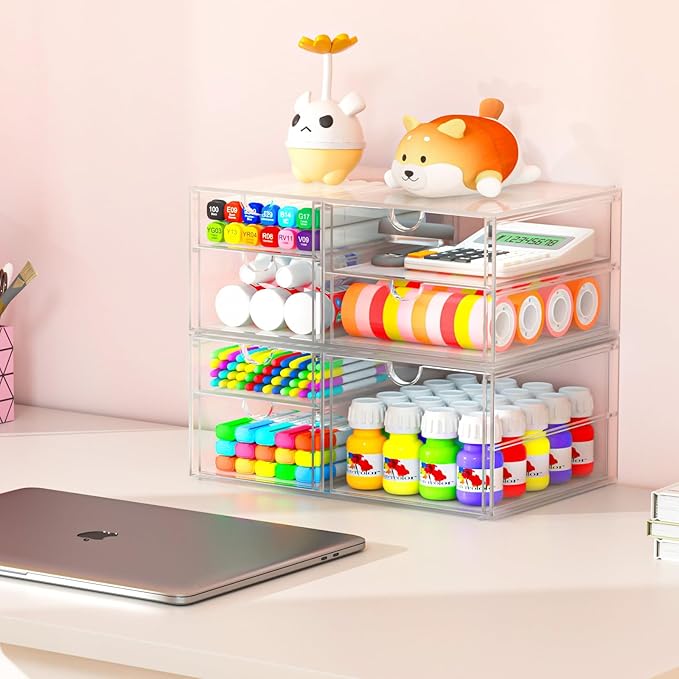 caktraie 2 Pack Desk Organizers, Makeup Organizer Storage with 7 Drawers, Desktop Office Supplies, Clear Desk Accessories, Dustproof Drawer Organizer and Storage for Make Up, Jewelry, Pen
