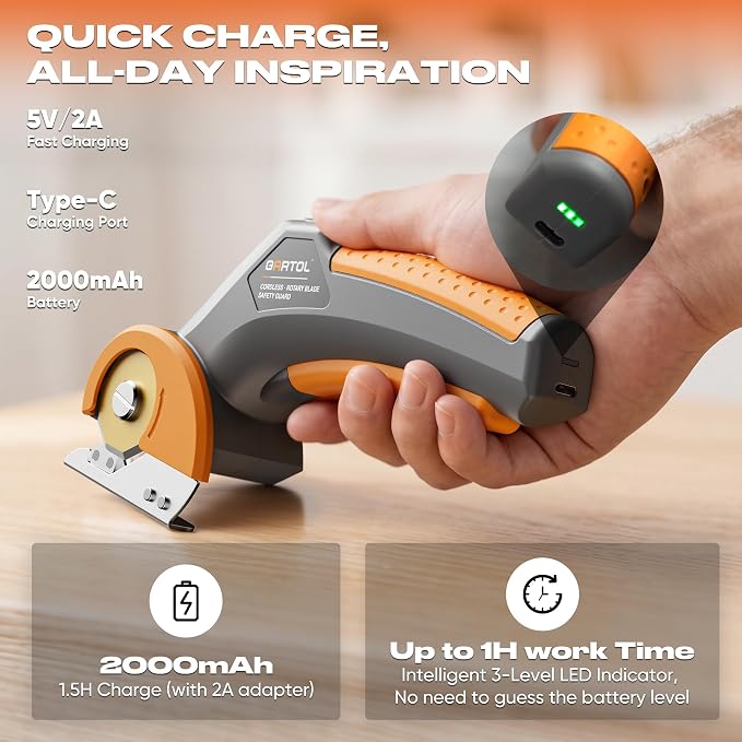GARTOL Cordless Electric Scissors with Rotary Blade, 4V Power Cutter for Cardboard, Carpet, Leather & Fabric, Self-Sharpening Electric Shears with Storage Bag, Ideal for Arthritis, Sewing & DIY Crafts