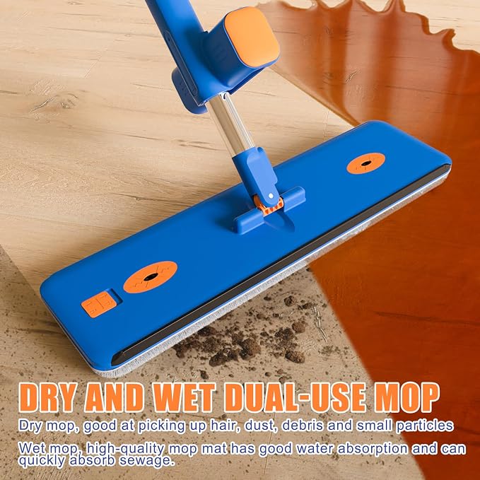 16.5" Self Wringing Flat Mop and Collapsible Bucket Set - Hands-Free Wet & Dry Microfiber Mop with Built-in Squeegee & 5 Washable Pads - Floor Cleaner for Hardwood, Laminate, and Tile