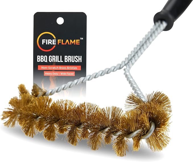 Fireflame BBQ Grill Brush – Non-Scratch Brass Bristles - 12-Inch Long Handle Barbecue Grill Cleaning Brush - Wide-Faced Spiral Heavy-Duty – Made in The USA