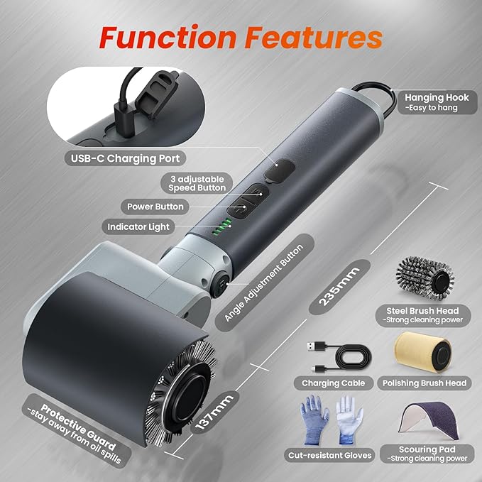 VOXPOA Electric Grill Brush for Outdoor Grill,3-in-1 Kit Cordless Rotary Grill Cleaner with 3-Speed Control&Angle Adjust,Safe for Cast Iron/Stainless-Steel Grates,Ideal BBQ Gifts for Men Dad