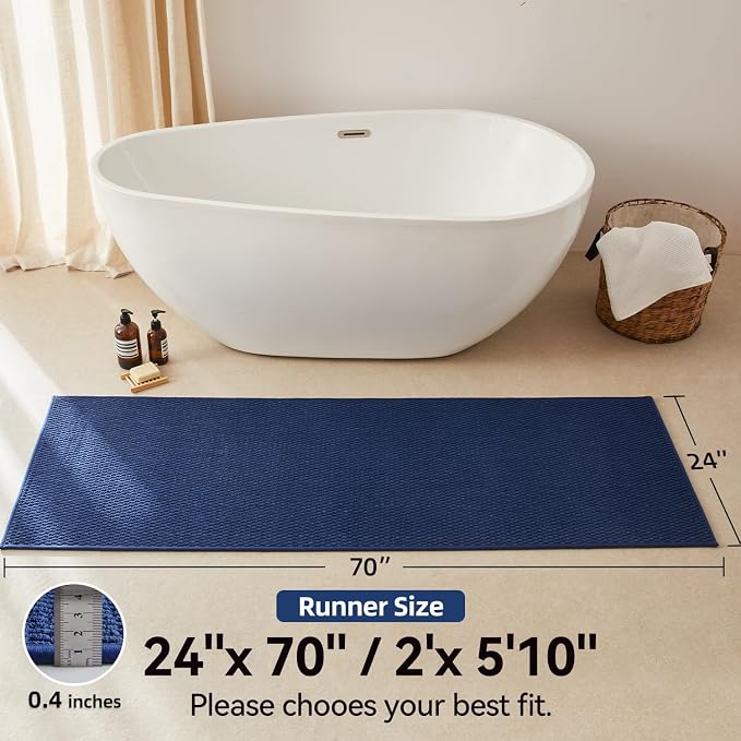 Triohero Bathroom Runner Rugs, Long Bath Mat Runner Washable Thin Quick Dry Low Pile Bathroom Runner Rugs Non Slip, Navy Blue 24"x70"