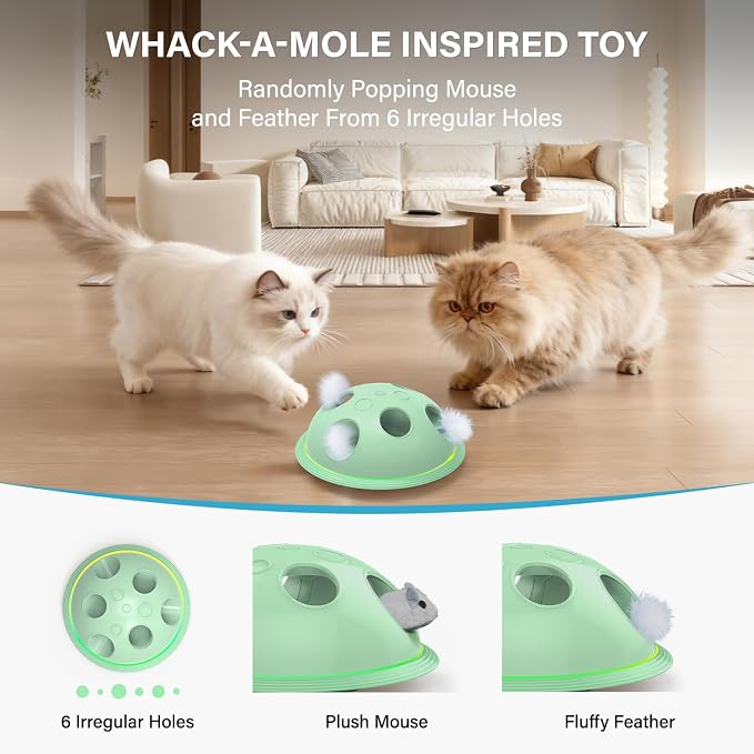 Pawingcat Automatic Cat String Toy 6 Holes Whack a Mole Cat Toy with Plush Running Cat Mouse Toy Hide and Seek Interactive Cat Toys for Indoor Cats（Green）