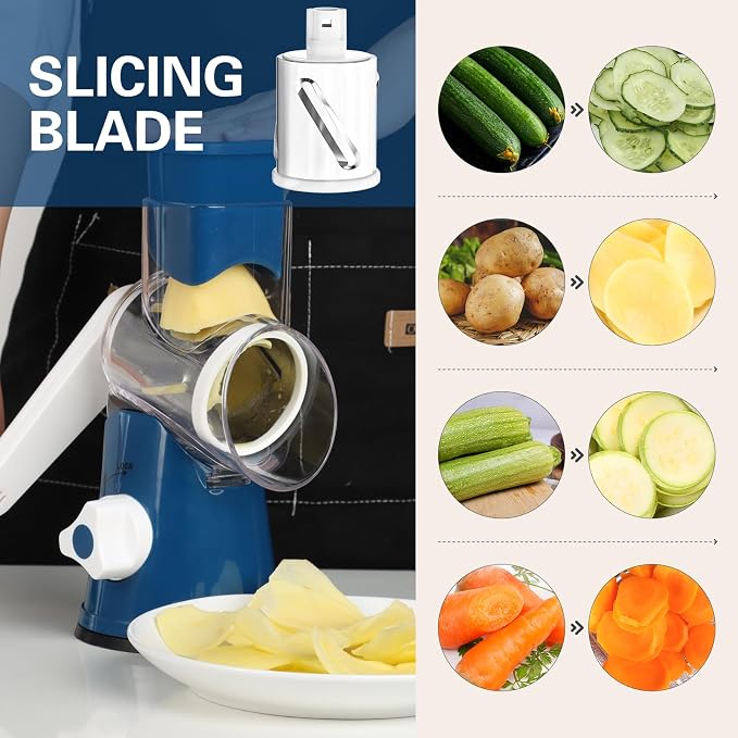 Cambom Rotary Cheese Grater Hand Crank Cheese Shredder for Fresh Cheese, Vegetable, Nuts,Non-slip Suction Base，Three Blades,Dark Blue