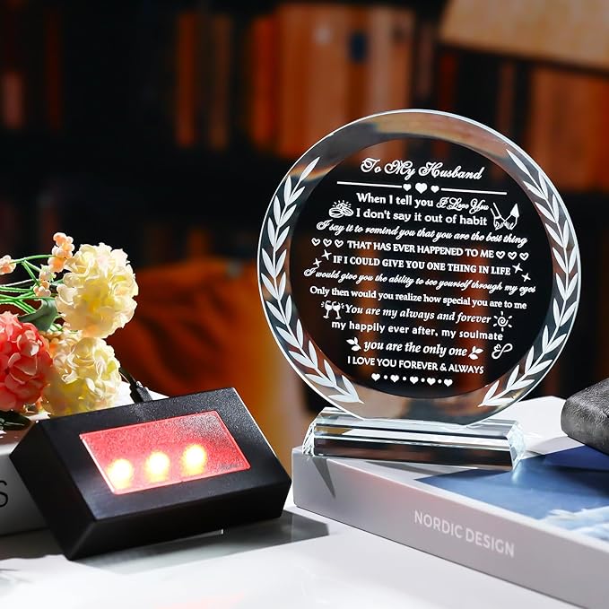 YWHL Gifts for Husband from Wife with Colorful LED Base Anniversary Birthday Husband Gifts Ideas to My Husband Crystal keepsake Best I Love You Gift for Him on Valentine's Day Fathers Day Christmas