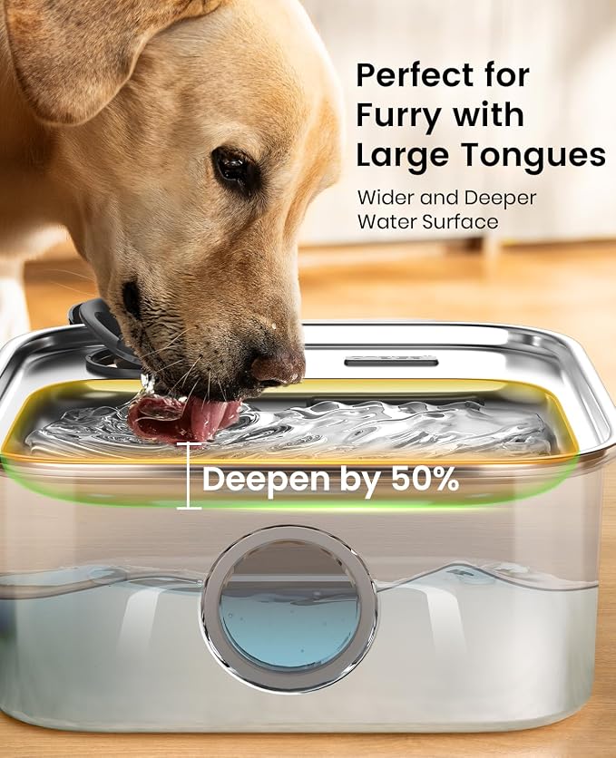 oneisall 10L/2.6Gal Dog Water Fountain for Large Dogs (with 1 Filter) | Deeper & Wider Drinking Area, Visualization Window & Triple Filtration,304 Stainless Steel Dog Water Bowl Dispenser