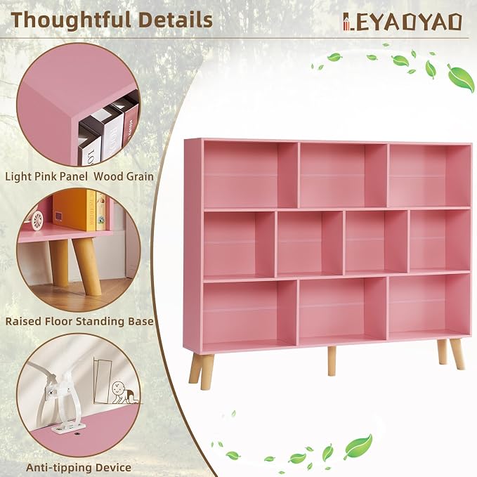 LEYAOYAO 10 Cube Bookshelf,Mid-Century Modern Bookcase with Legs,Light Pink | 3 Tier Book Shelf, 55" Wide Rustic Wood Bookshelves Large Storage Organizer, Open Shelves for Bedroom, Living Room, Office