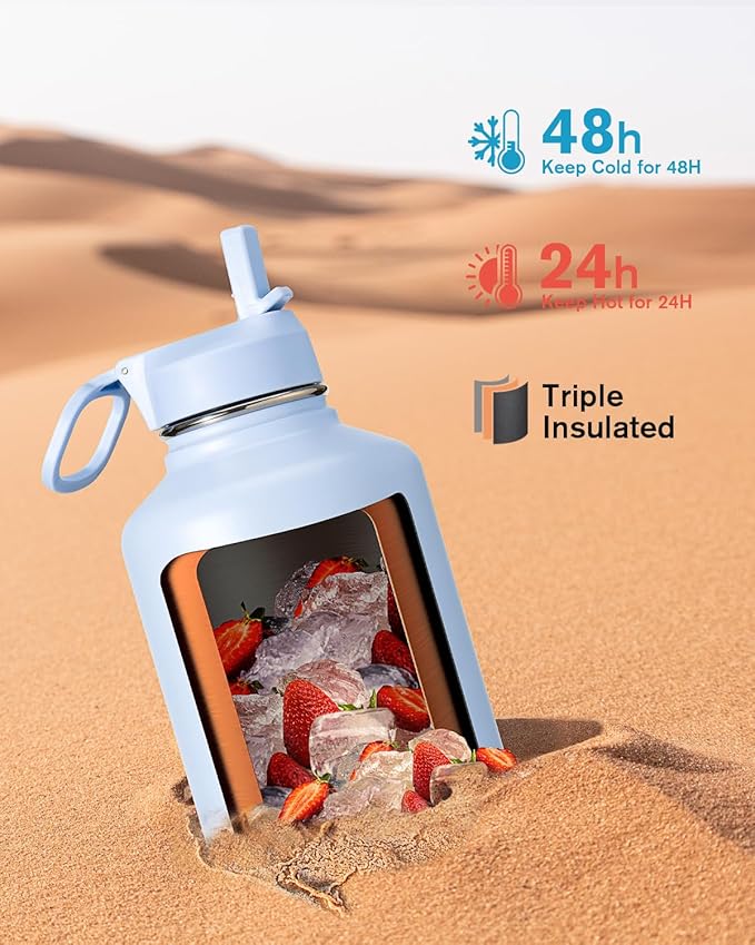 Half Gallon Water Bottle Insulated with Straw & 3 Lids, Coolflask 64 oz Water Jug Large Metal Stainless Steel Wide Mouth for Sports, Gym or Office, Non-BPA Keep Cold 48H Hot 24H, Light Blue