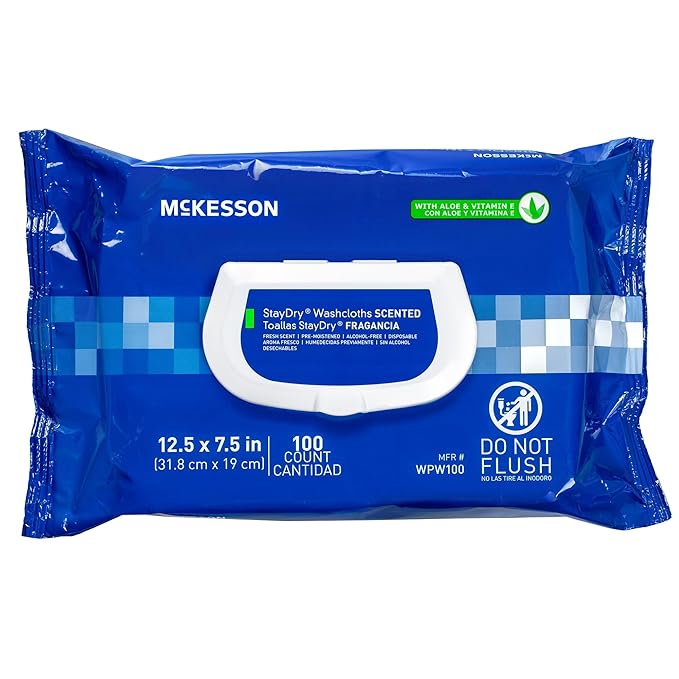 McKesson Disposable Wipe 1 Pack, 100 Washcloths - Large Adult Body and Incontinence Washcloths with Aloe and Vitamin E, Alcohol-Free, 100 Wipes Per Pack