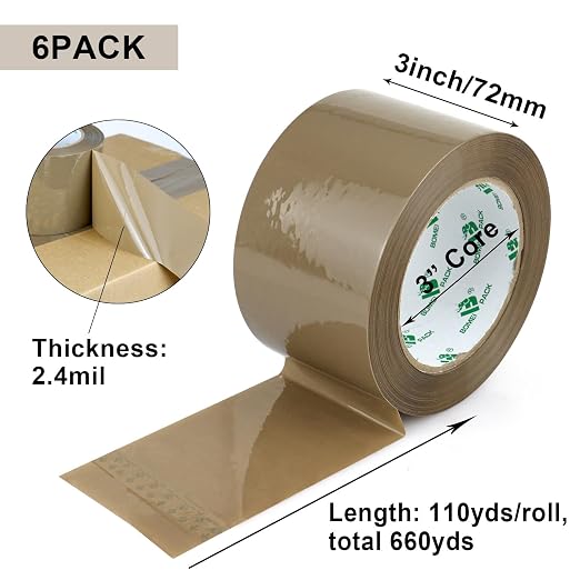 BOMEI PACK 3 inch Brown Packing Tape, 6 Refills Rolls Wide Packaging Tape for Moving, Shipping and Storage, 2.4 Mil x 110 Yards