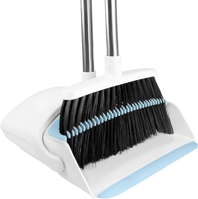 Broom with Dustpan Combo Set for Home, 52-in Long Adjustable Handle Angle Broom and Dustpan Set with Dustpan Comb Teeth for Sweeping Pet Hair Food Dirt Kitchen (White-Blue)