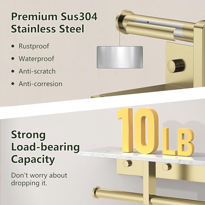 Marble Toilet Paper Holder with Shelf,Doulble Bathroom Tissue Roll Holder,304 Stainless Steel Toilet Paper Holder Wall Mounted,Modern Tissue Holder for Bathroom Washroom,Brushed Gold