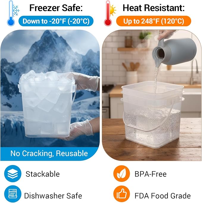 Food Storage Buckets with Lids - 4 Set Square Clear Plastic Containers, Airtight Pressure Seal & Handle for Kitchen Freezer Prep (Clear, 0.8 gal)