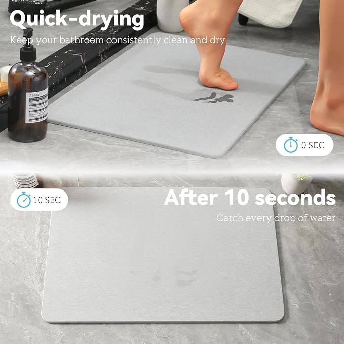 Stone Bath Mat, Dries Quickly, Non-Slip Diatomaceous Earth Bath Mats for Bathroom, Super Absorbent Stone Shower Mat, Easy to Clean, 23.5" x 15.5" Light Gray