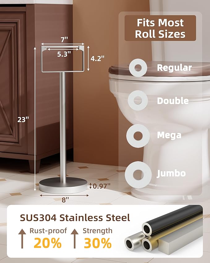 RUACQ Toilet Paper Holder Stand, Magnetic Closure Toilet Paper Stand with Lift-Up Rotating Arm, SUS304 Stainless Steel Bathroom Toilet Paper Holder Free Standing, Weighted Base (Brushed Nickel)