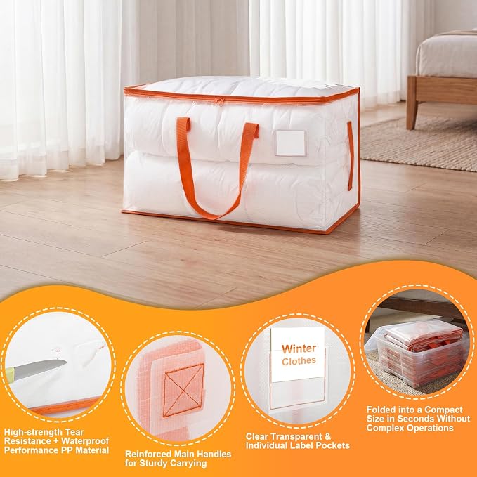 KYODOLED 10-Pack Clear Moving Bags Heavy Duty Extra Large, Storage Totes with Reinforced Handles, Zippers & Label Pocket, Transparent Packing Containers for College Dorm, Clothes, Bedding, Toys