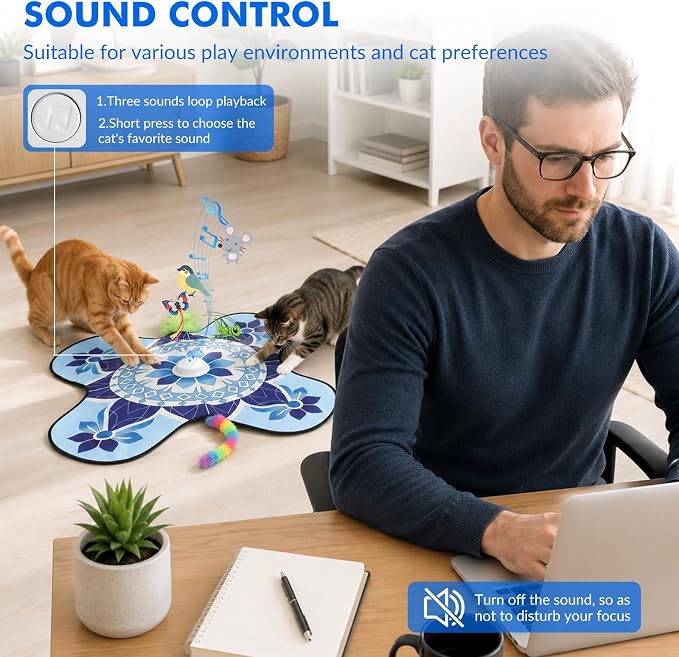 Wortade Interactive Cat Toys for Indoor Cats Rechargeable, Moving Concealed Wand Feather, Automatic Fluttering Butterfly Cat Stimulation Toys for Indoor Cats, Hide and Seek Kitten Toy (Blue)