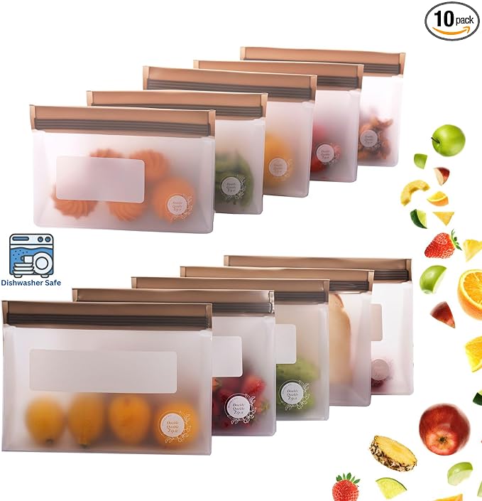 Reusable Food Storage Bags – 10-Pack Stand-Up, BPA-Free, Freezer, Dishwasher Safe, & Eco-Friendly – 5 L, 5 M Bags – Airtight Leakproof Sandwich, Snack, Travel & Make-Up baggies (Grey)