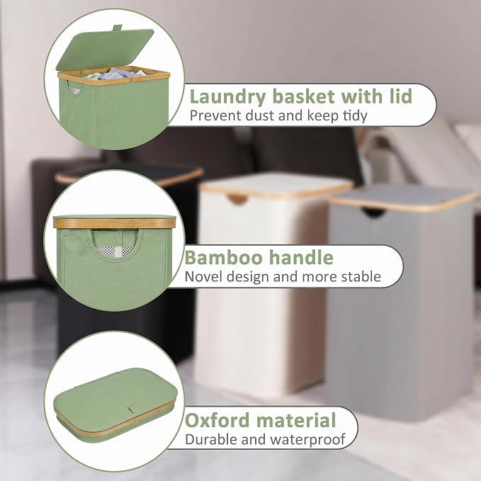 iEGrow 65L Slim Laundry Hamper, Narrow Laundry Basket with Lid,Foldable Clothes Hamper with Bamboo Frame,Hamper Basket with Removable Inner Bag for Laundry Room Bedroom College Dorm,17.17 Gals Green