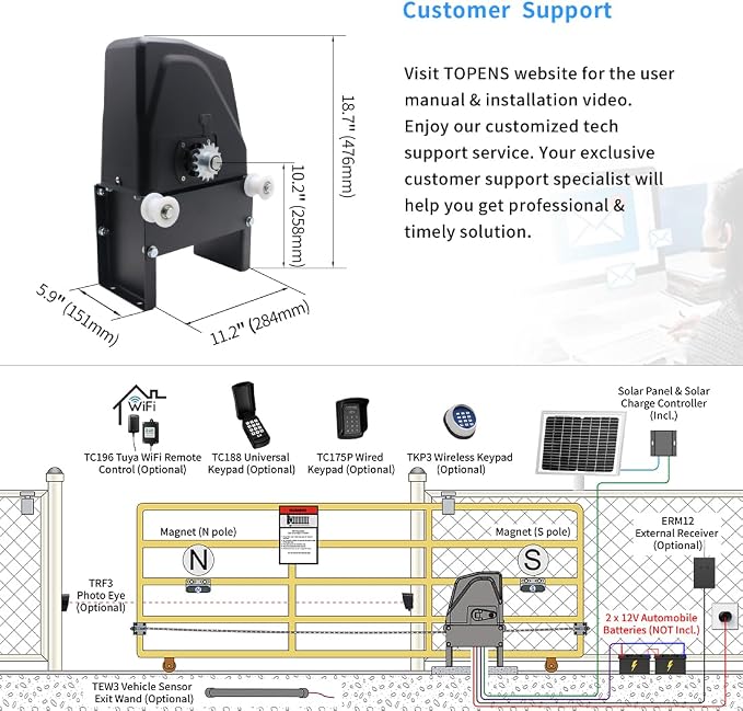 TOPENS DKC1100S Solar Sliding Gate Opener Chain Drive Automatic Gate Motor for Heavy Driveway Slide Gates Up to 2600 Pounds, Electric Gate Operator Battery Powered with Solar Panel Remote Control Kit