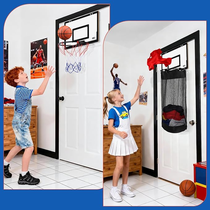 Basketball Hamper, 2-in-1 Wooden Laundry Basket for Boy/Teens/Bedroom | Hanging Dirty Clothes Storage Hamper with Basketball Hoop & Zipper for Space Saving, Over the Door, Dorm Bathroom Use