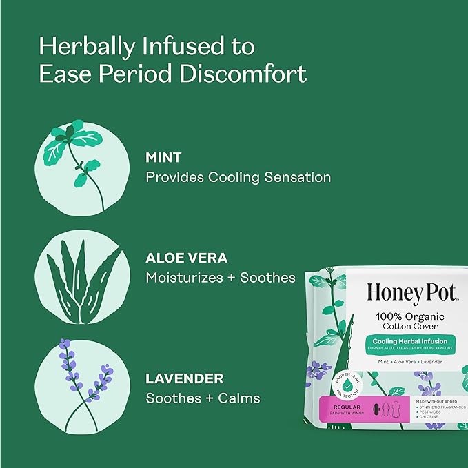 The Honey Pot Company - Herbal Sanitary Pads for Women - Regular Flow w/Wings - Infused w/Essential Oils for Cooling Effect & Organic Cotton Cover - Feminine Care - 20 ct