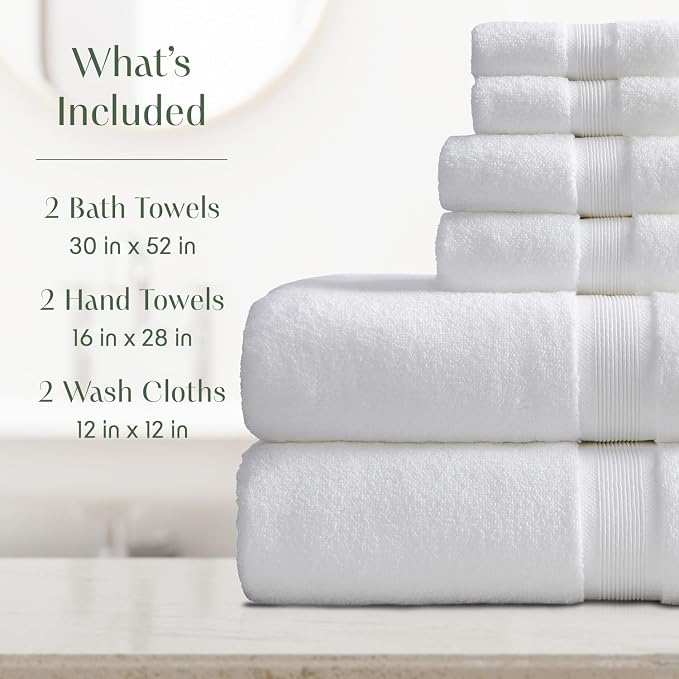 Springtree Home Luxury Bamboo Rayon Bath Towel Set | 6-Piece Set | White | 35% Bamboo Rayon - 65% Zero Twist Cotton | Absorbent Quick-Dry Towels for Bathroom | Ultra Soft | OEKO-TEX Standard 100