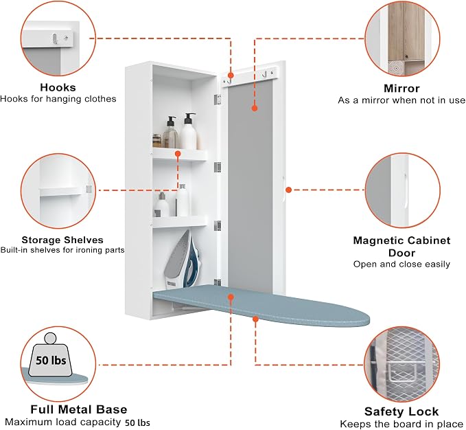 Ironing Board Cabinet with Storage for Laundry Room,White | Mirror Door|3-tier Storage Shelves|High-Temperature Protection Design|Good Load-Bearing Capacity