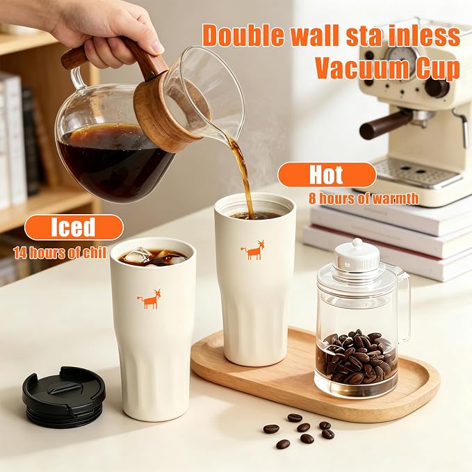 CHEERFUL GOAT Ceramic Lined Coffee Travel Mug – Stainless Steel Travel Coffee Tumbler with Ceramic Liner, with lid, 21 OZ Cup for Hot and Cold Water Coffee at Home, Office, or On the Go (White)