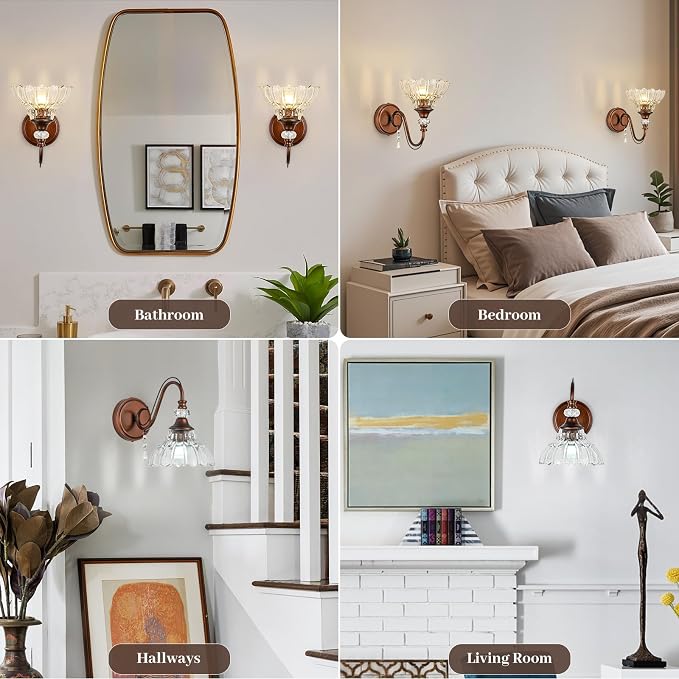 1 Piece Vintage Wall Sconce, 1-Light Matte Antique Red Bronze Finish Wall Sconce with Hanging Crystal Accents and Flower-Shaped Clear Shades for Bathroom Bedroom Living Room,Vintage Vanity Light