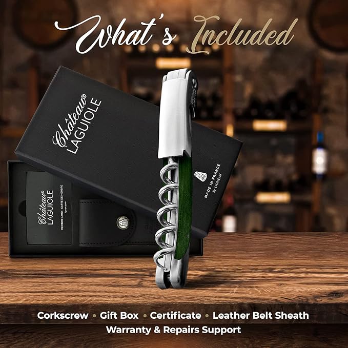 Chateau Laguiole Grand Cru Corkscrew - Green Stamina French Luxury Wine Opener - Made in France - Sommelier Key Includes Leather Sheath & Gift Box
