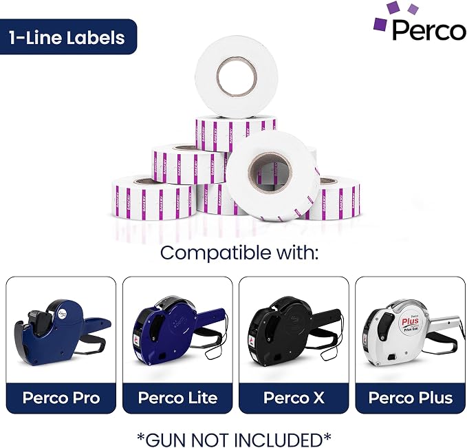 Perco 1 Line Purple Reverse Print on White Bakery Labels—80,000 Labels for Perco Lite, X, Plus & Pro Guns—with Tamper-Proof Design for Marking Breads, Pastries, Cakes—80 Rolls, 10 Sleeves—Made in USA