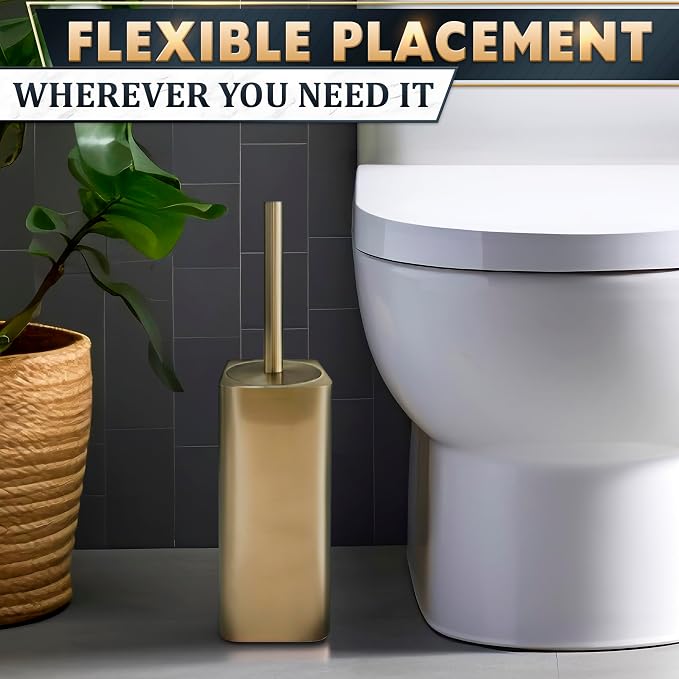 Gold Toilet Brush and Holder Set - Instantly Elevate Your Bathroom Style - Stainless Steel Toilet Bowl Brush and Holder with 2 Rounded Corners, Replaceable Head, Removable Inner Bowl & Splash Guard