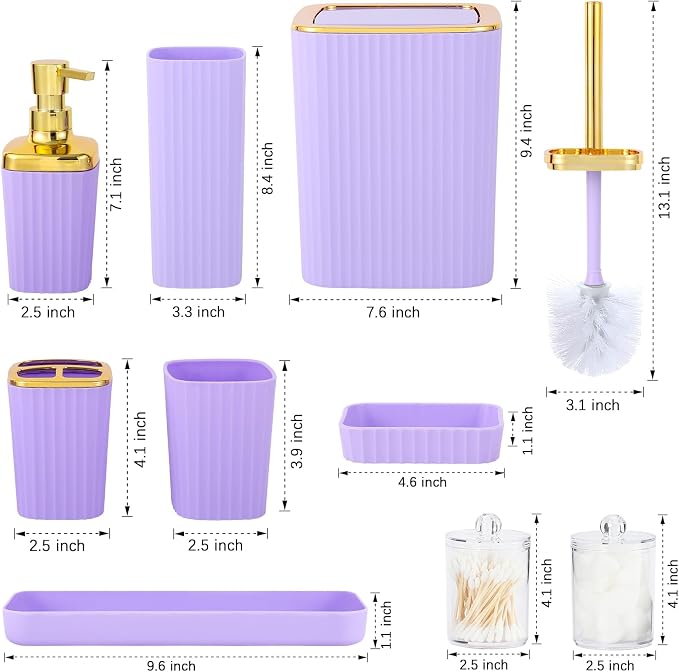 Bathroom Accessory Set,9 Pieces Purple Bathroom Accessories Set with Trash Can, Toothbrush Holder, Soap Dispenser, Toothbrush Cup, Vanity Tray, Soap Dish, Toilet Brush, Qtip Holder