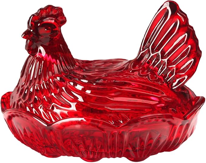 Crystal Glass Hen-Shaped Candy Server,Pastoral Style Candy Bowl with Lid,Red Tabletop Decor Dessert Plate Snack Bowl Egg Tray