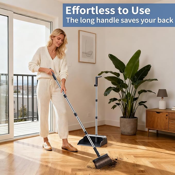 Broom with Dustpan Combo Set, Broom and Dustpan Set with 51.6" Long Handle & Two Broom Heads, Brooms with Dust Pan Teeth for Pet Hair, Indoor&Outdoor Sweeping, Home, Kitchen, Office