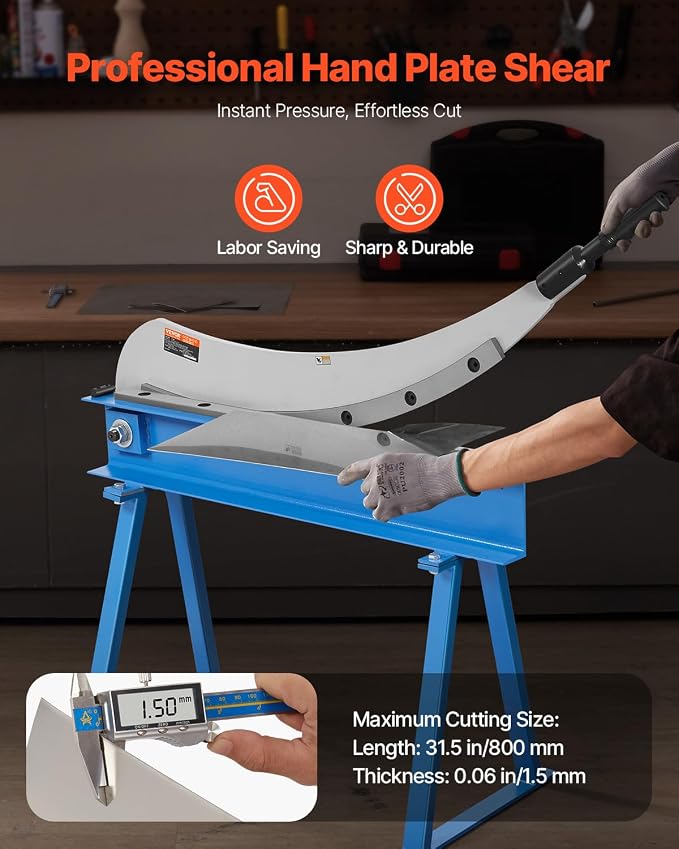 VEVOR Hand Plate Shear, 31.5 in Max Cutting Length, Manual Sheet Metal Shear Machine, Benchtop Cutter with T10 High-Hardness Blades, Q235 Material, for Cutting Large Metal Sheets Steel Aluminum Copper