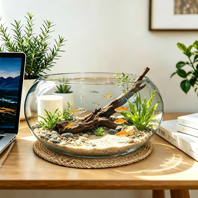 12" Large Round Glass Lotus Bowl Planter with Rattan Mat | Clear Indoor Hydroponic for Aquatic Plants, Bonsai & Lotus Flowers, Decorative Terrarium Bowl Vase, Fish Tank