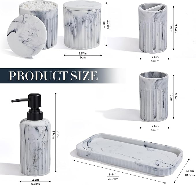 INIUNIK Bathroom Accessory Set, 6 Pieces, Marble White | Resin, Bathroom Accessories Set, with Soap Dispenser Set, Toothbrush Holders, Tumbler, Vanity Tray & 2 Qtip Holder